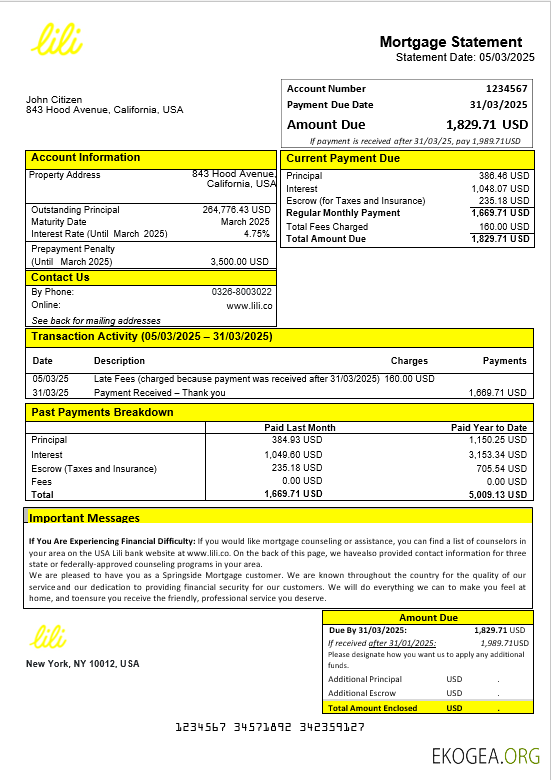 Relevé hypothécaire de la banque USA Lili aux formats Word et PDF